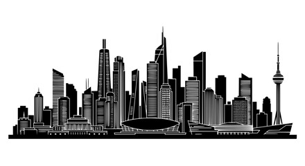 Obraz premium Silhouette of a cityscape with various skyscrapers and a distinct tower against a white background sky vector art