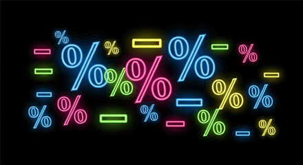 A vibrant collection of glowing neon percentage and minus signs in multiple colors, representing sales, discounts, and financial promotions on a dark background.