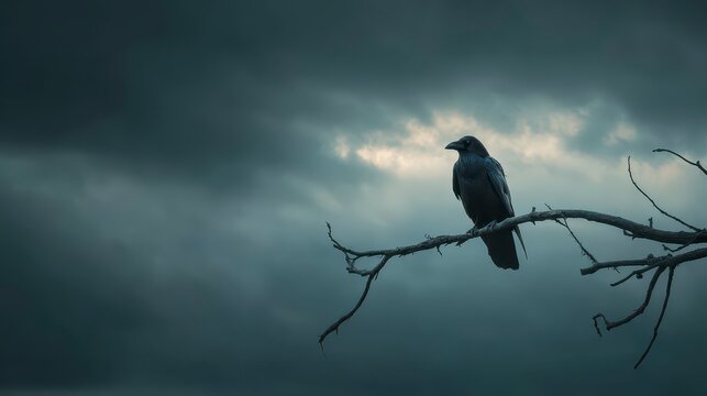 Raven Perched on Branch Halloween Banner with Eerie Mood ,Happy halloween, halloween banner, halloween banner with copy space for text. 