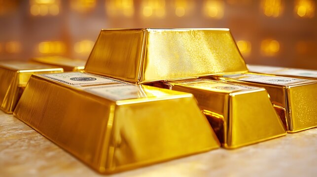 Close-up telephoto capture at 70-200mm, precise alignment of bills parallel to stacked gold bars, natural light enhancing surface shine