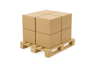 Stacked cardboard boxes on wooden pallet with transparent background