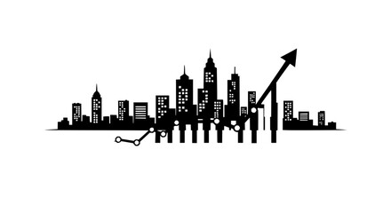 Obraz premium Black silhouette of a city skyline with an upward trending graph and arrow pointing up high vector art
