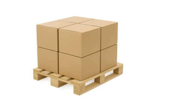 Stacked cardboard boxes on wooden pallet with transparent background