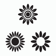 Three Simple Black Silhouette Flower Icons on White Background. Sunflower 
