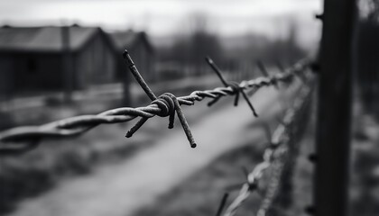 Rusty Barbed Wire Fence Encircling Detention, Concentration, And Extermination Camp, Close-Up Shot In Black And White. Focus On Detail.