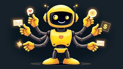 Multi-tasking robot character with various digital icons.