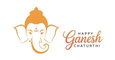 Stylized Ganesh Chaturthi greeting with orange line art of Lord Ganesha’s head, ornate crown, and Happy Ganesh Chaturthi text in mixed fonts
