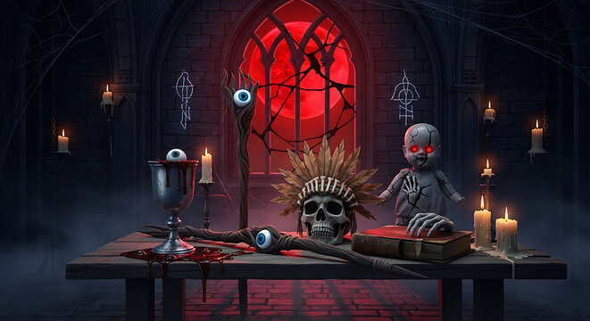 Spooky halloween altar with skull, doll, and eyeballs - Powered by Adobe