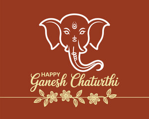 Fototapeta premium Stylized Ganesh Chaturthi greeting with white line art of Lord Ganesha’s head, floral divider, and Happy Ganesh Chaturthi text on red background