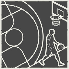 Fototapeta premium Silhouette of Basketball Player Dribbling on Court.