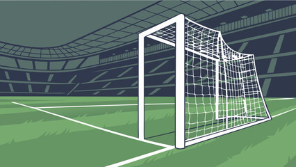 Soccer Goal Net in Stadium White Frame Green Field.