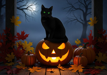 Black cat sitting on carved pumpkin with fall leaves
