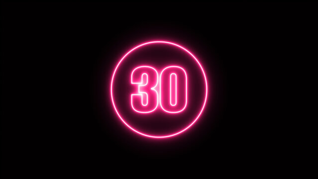 Neon glowing countdown 30 seconds isolated on black background