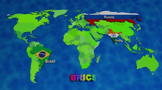 Global world map of ten BRICS countries appearing one by one with their national flags 