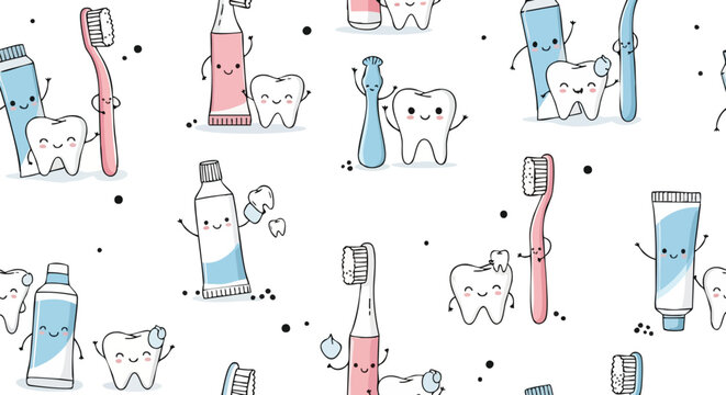 A charming seamless pattern features playful cartoon teeth, toothbrushes, and toothpaste tubes, creating a delightful background for dental hygiene themes.