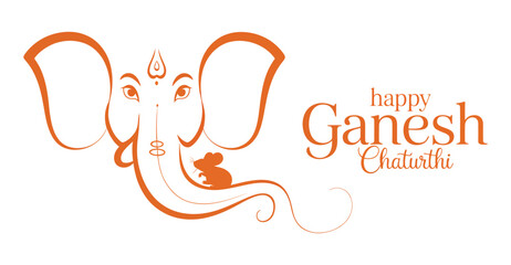 Stylized Ganesh Chaturthi greeting with orange line art of Lord Ganesha, mouse near trunk, and Happy Ganesh Chaturthi text for Hindu festival