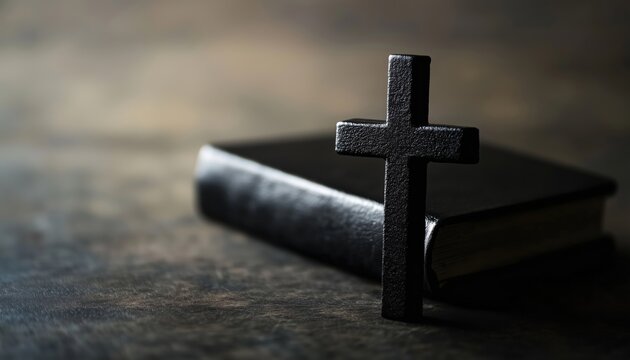 Black Bible With Christian Cross: A Powerful Religious Symbol Representing The Christian Faith And The Central Focus Of Christian Church Worship.
