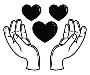 Obraz premium black and white illustration of open hands holding three hearts symbolizing love care and generosity