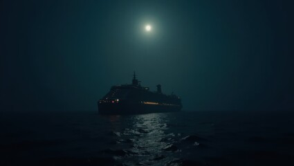 Obraz premium Large ship at night on a dark ocean under a full moon.