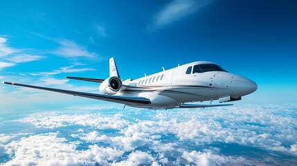 Fototapeta premium A sleek white airplane is soaring through the vibrant blue sky