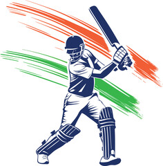 Man cricketer player vector icon and Indian cricketer batting with Indian flag colors in background 