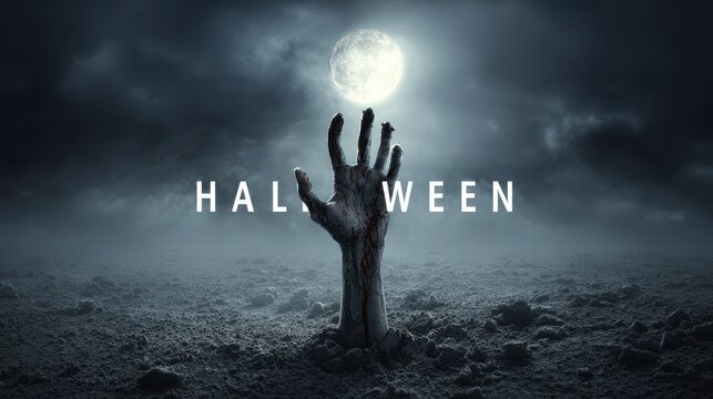 Zombie Hand Emerging from Cracked Ground Halloween Banner ,Happy halloween, halloween banner, halloween banner with copy space for text. 