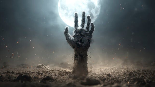 Zombie Hand Emerging from Cracked Ground Halloween Banner ,Happy halloween, halloween banner, halloween banner with copy space for text. 