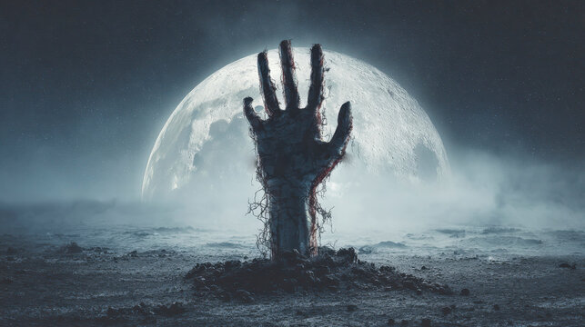 Zombie Hand Emerging from Cracked Ground Halloween Banner ,Happy halloween, halloween banner, halloween banner with copy space for text. 