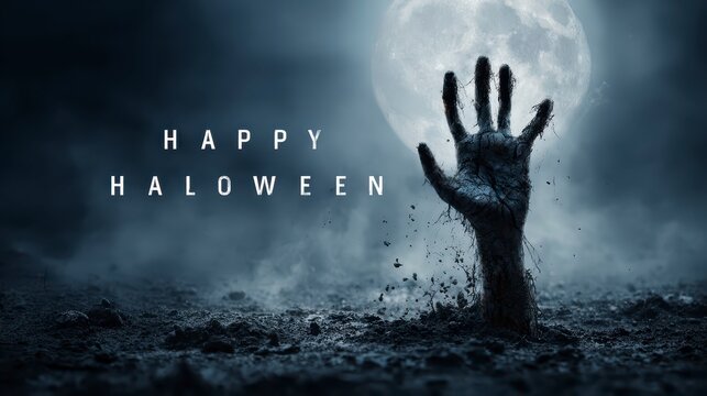 Zombie Hand Emerging from Cracked Ground Halloween Banner ,Happy halloween, halloween banner, halloween banner with copy space for text. 
