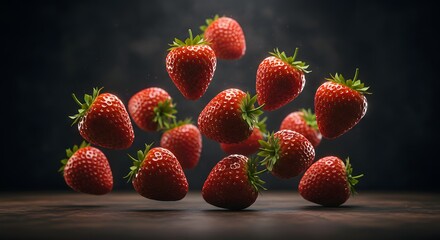 Surreal floating strawberries suspended mid-air with dramatic lighting