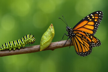 two vibrant butterflies on a green branch, one of which is an adult with distinctive orange and black wings, while the other appears to be a caterpillar in its pre emergence stage