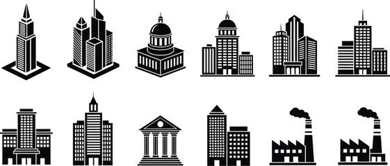 Obraz premium Building Icon Vector Set - Apartment, Skyscraper & Architecture