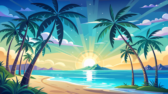 Palm trees stand tall, silhouetted gracefully against a radiant sky, while crystal waters shimmer and caress the untouched white sandy shoreline of a pristine tropical island, exuding serenity and bea