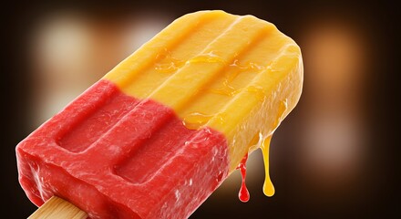 Close-up of a melting popsicle with vibrant dripping colors