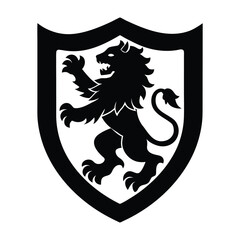 Rampant Lion Silhouette on Black Shield Heraldic Crest Design on White Background