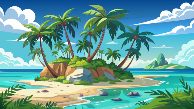 Palm trees stand tall, silhouetted gracefully against a radiant sky, while crystal waters shimmer and caress the untouched white sandy shoreline of a pristine tropical island, exuding serenity and bea