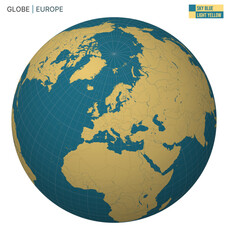 Vector Globe centered to Europe. Sky Blue Light Yellow palette. World map with meridians, parallels, countries, rivers and lakes. Trending vector illustration.