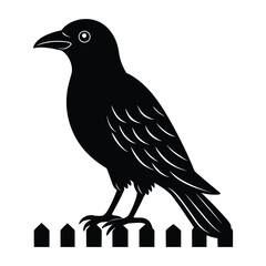 Fototapeta premium Majestic Crow Silhouette on Fence Bird Vector Illustration Graphic on White Background