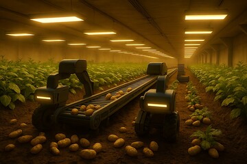 Futuristic Potato Farm with Robotic Harvesters Conveying Freshly Dug Potatoes in an Underground Lit Tunnels for Efficient Crop Yield