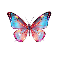 A stunningly iridescent butterfly with intricate patterns on its wings, showcasing a vibrant spectrum of blue, pink, and yellow hues, isolated on a clean transparent background