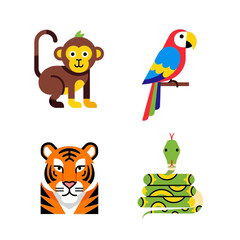 Naklejka premium Cartoon animals A collection of cute and colorful illustrations featuring a monkey, parrot, tiger, and snake.