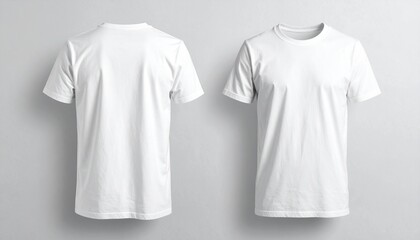 Fototapeta premium Two white t-shirts are displayed, one showing the front and the other showing the back, against a light gray background.