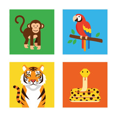 Naklejka premium Jungle Animals Monkey, Parrot, Tiger, Snake Illustration