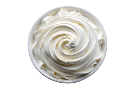 swirled whipped cream in bowl overhead view isolated on white background PNG , AI GENERATED