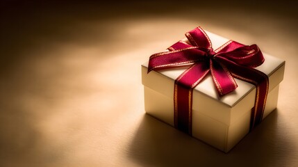 Obraz premium A gift box with a burgundy ribbon and a bow.
