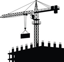Silhouette of tower crane lifting load at construction site, building structure in progress, industrial development, engineering work, urban growth background.