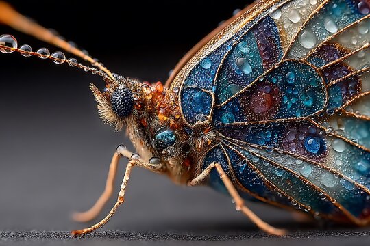 Intricate butterfly with blue and gold wings covered in water droplets insect macro