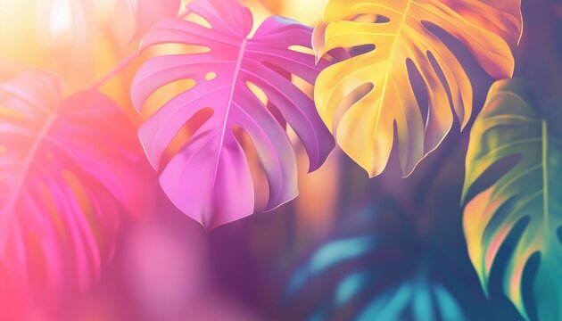 Vibrant Tropical Gradient Wedding Invitations And Save The Date Cards Featuring Abstract Background With Tropical Elements And Blurred Monstera Leaves. - Powered by Adobe