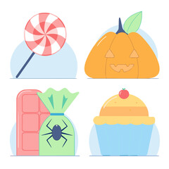 Halloween candy set: lollipop, wrapped candy, candy corn, chocolate, cupcake