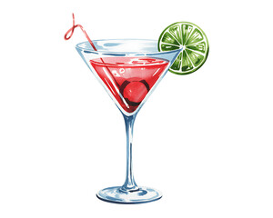 Elegant Cosmopolitan Cocktail Garnished with Lime and Cherry Perfect for Celebrations, transparent background